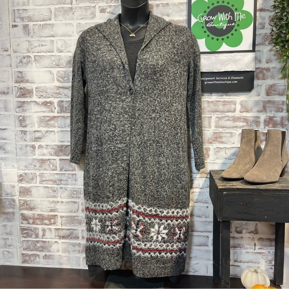Style & Co. Gray Hooded Cardigan with Red and White winter snowflake medium